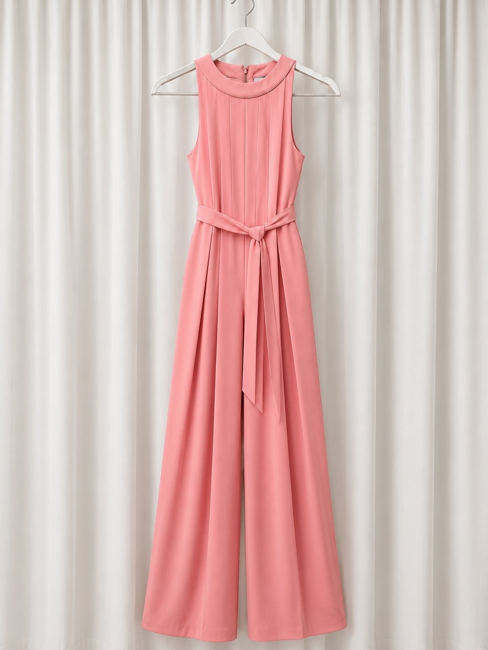 Pink Sleeveless Wide-Leg Jumpsuit with Waist Tie And Pockets